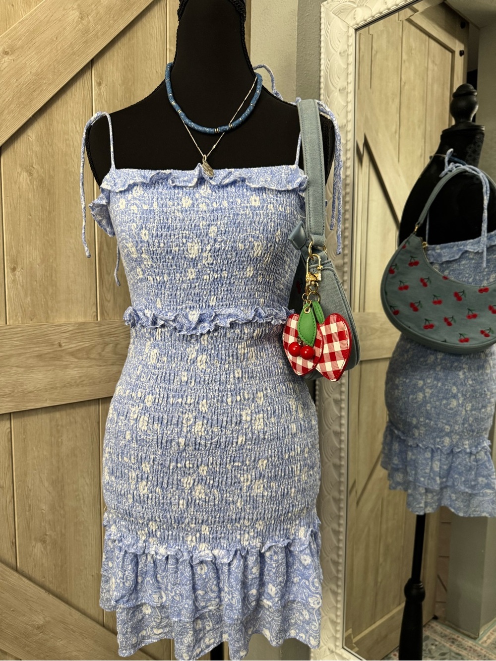 North End Smocked Floral Mini Dress 🩵 w/ ruffles and tie straps, size S